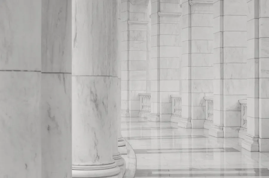 A minimalist hallway between tall columns